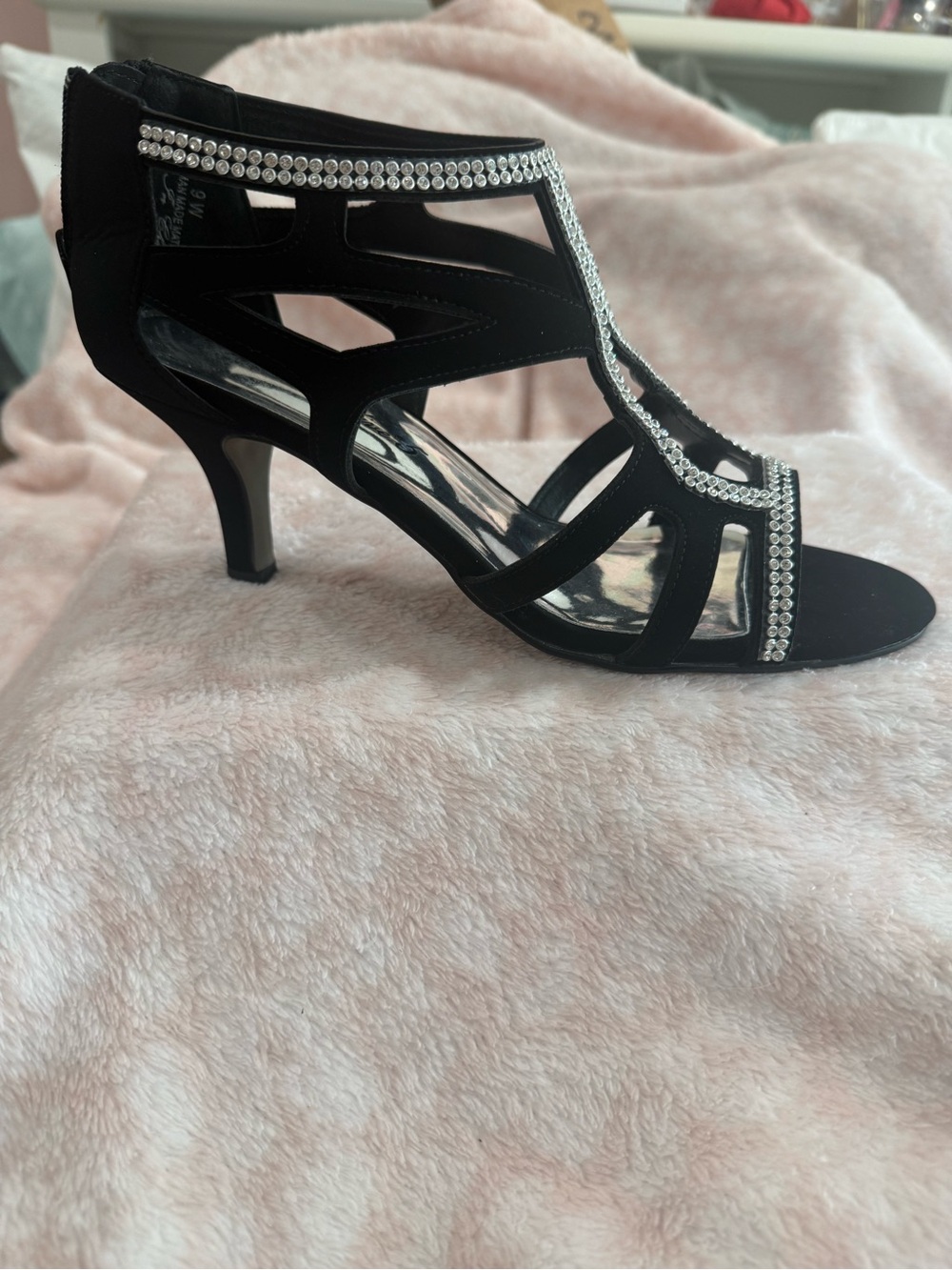 easy street Black Rhinestone T-Strap Dress Heels